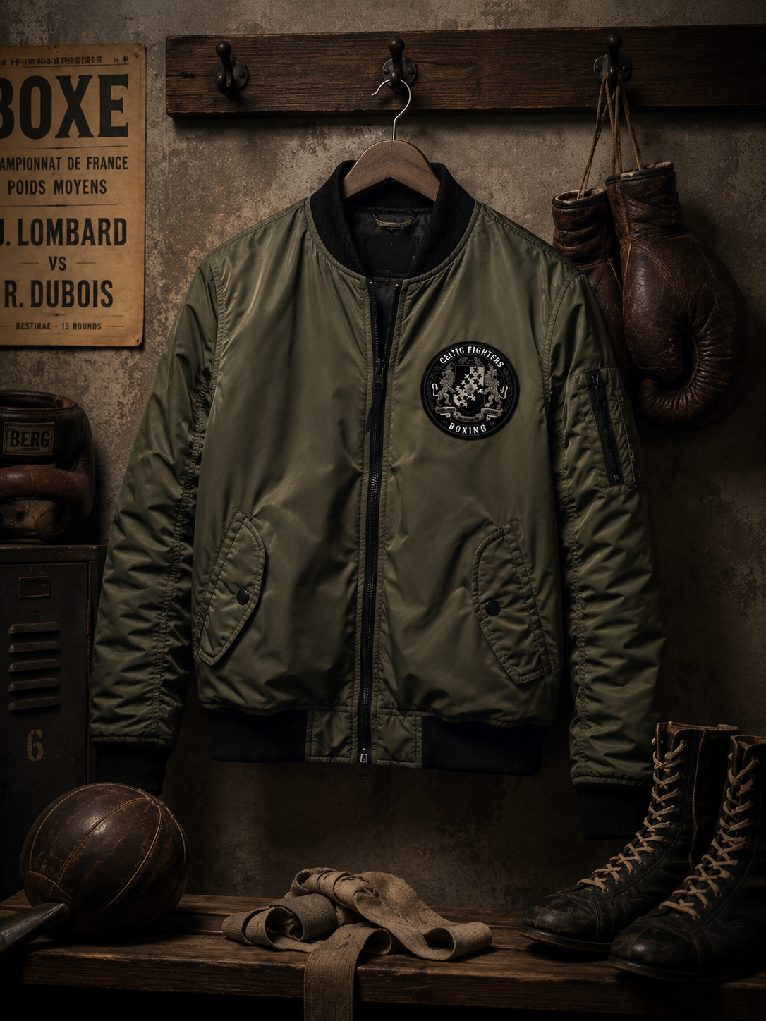 Blouson Celtic Fighters Boxing suspendu dans un vestiaire vintage