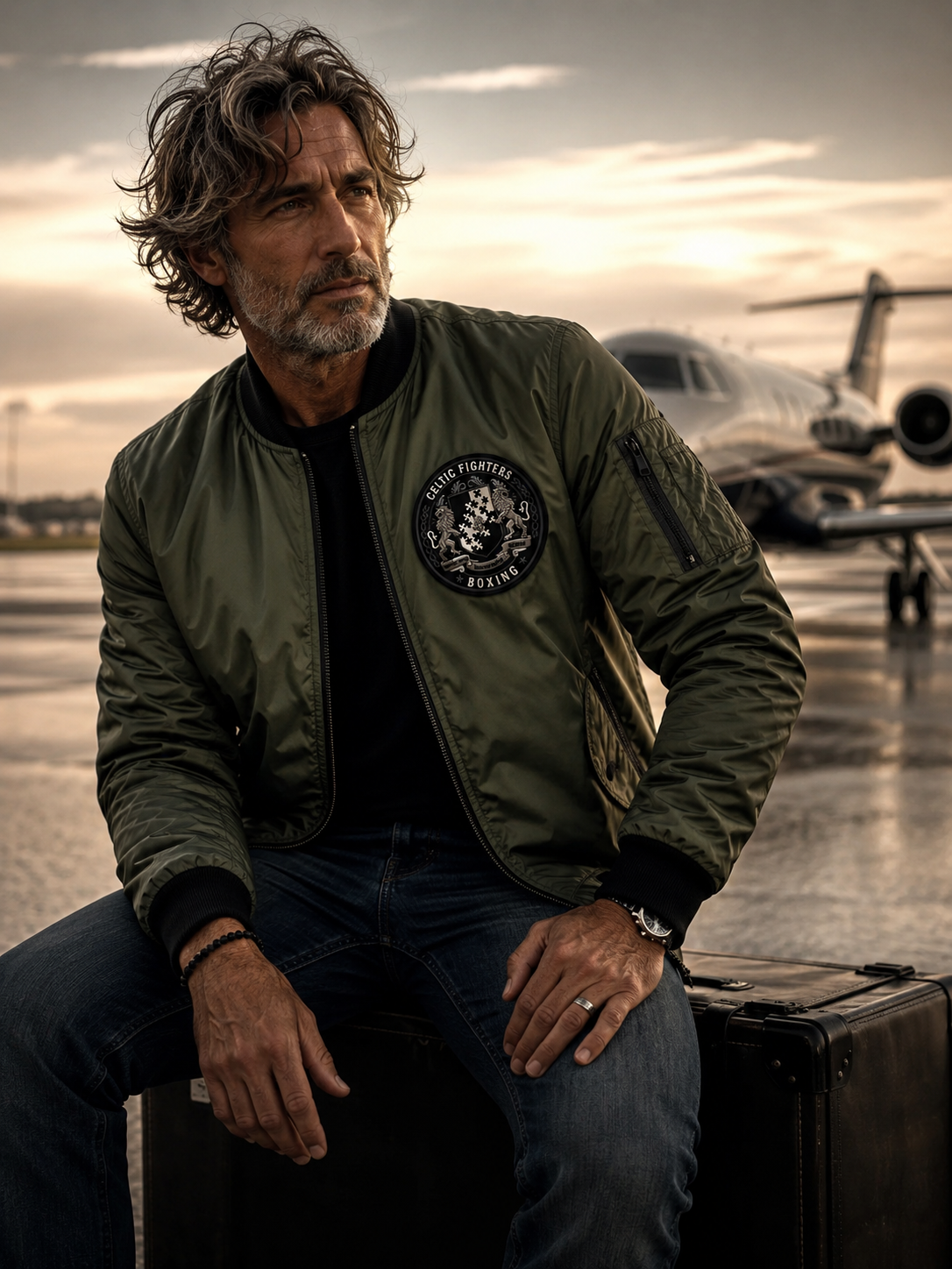 Blouson Celtic Fighters Boxing porté sur un tarmac devant un jet