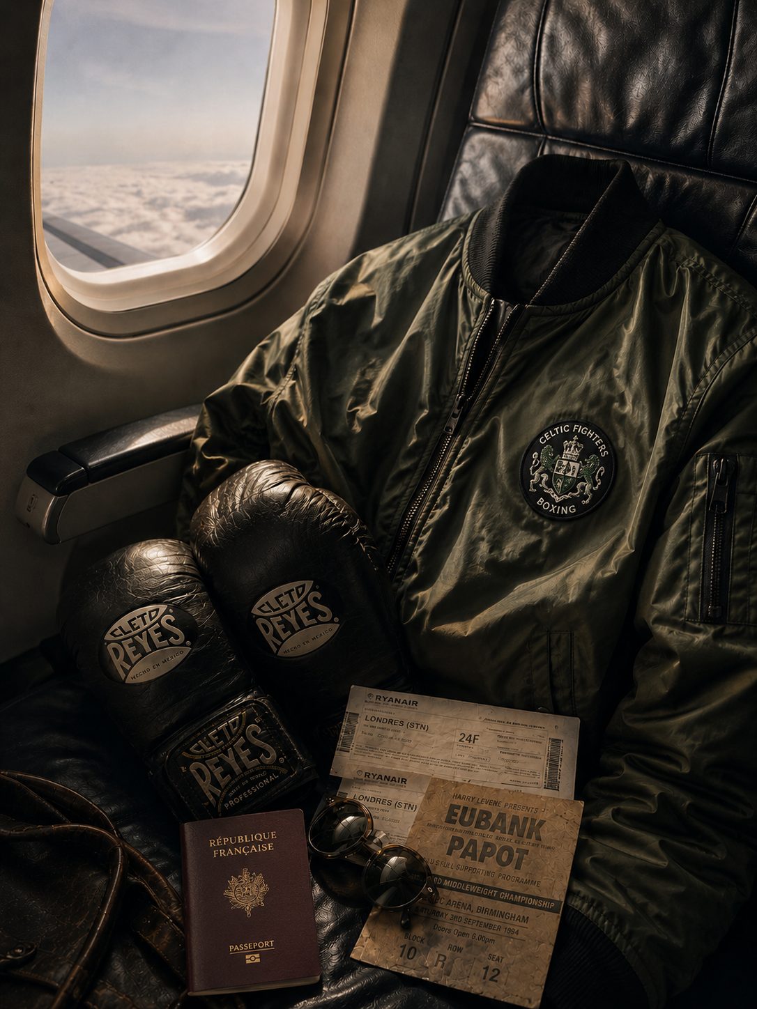 Blouson Celtic Fighters Boxing photographié dans un avion avec gants et billet